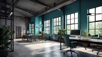 Modern office interior in loft, industrial style, 3d render. photo