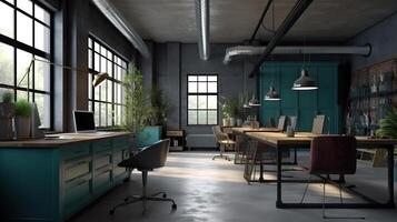 moderno oficina interior en desván, industrial estilo, 3d prestar. generativo ai foto