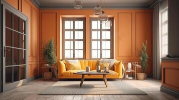 Cozy farmhouse living room interior, 3d render, Bright color. photo