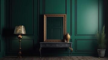 Frame mockup in dark green home interior, 3d render, Bright color. photo