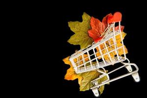 Grocery cart with decorative maple leaf on a black background. The concept of the autumn sales. Black Friday and cyber Monday. selective focus photo