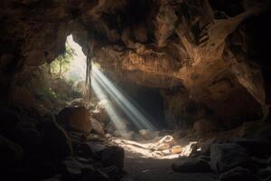 a beam of sun light illuminates the cave photo