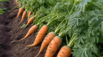 cosecha zanahorias en el jardín generativo ai foto