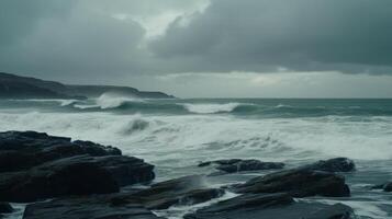 furioso Oceano olas en nublado clima, Tormentoso mar generativo ai foto