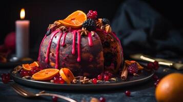 fruit cake with nuts and berries and sweet syrup in dark photo