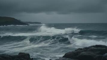 furioso Oceano olas en nublado clima, Tormentoso mar generativo ai foto