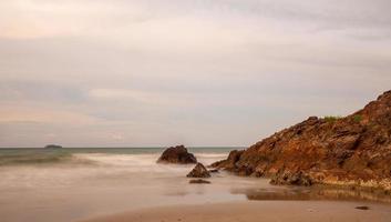 Panorama viewpoint landscape travel summer sea wind wave cool on holiday calm coastal big sun set sky light orange golden Nature tropical Beautiful evening hourday At Bang san Beach Chonburi Thailand. photo