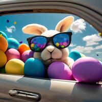 Cute Easter Bunny with sunglasses looking out of a car filed with easter eggs, photo