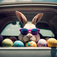 linda Pascua de Resurrección conejito con Gafas de sol mirando fuera de un coche archivado con Pascua de Resurrección huevos, ai generativo foto