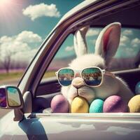 Cute Easter Bunny with sunglasses looking out of a car filed with easter eggs, photo
