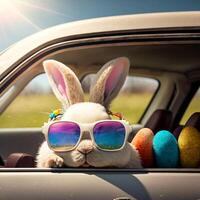 linda Pascua de Resurrección conejito con Gafas de sol mirando fuera de un coche archivado con Pascua de Resurrección huevos ai generativo foto