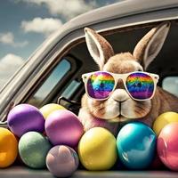 Cute Easter Bunny with sunglasses looking out of a car filed with easter eggs, AI Generative photo