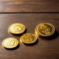 Super Realistic 3d Ray Tracing Gold Coins Above A Realistic Wooden Table Illustration photo