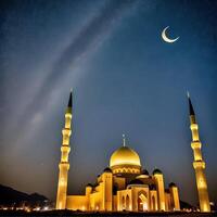 A Beautiful Realistic Mosque with Milky Way Galaxy and A Moon Illustration photo