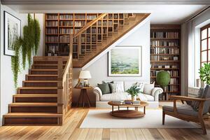 Living room with wooden staircase and bookcase. photo