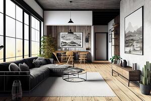 Interior of modern living room panorama 3d rendering. photo