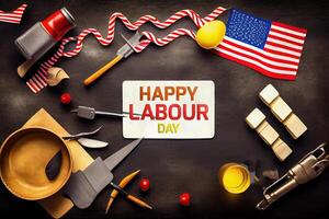 Top view design concept of american labor day with working tools. photo