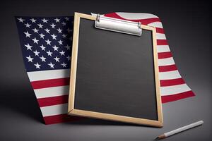 Blank slate board over American flag. Happy Labor Day. photo