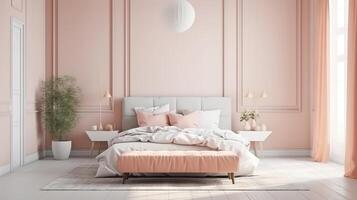 Mockup frame in bedroom interior background, room in light pastel colors. photo