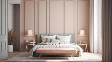 Mockup frame in bedroom interior background, room in light pastel colors. photo