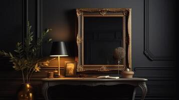 Frame mockup in dark classic interior, 3d render. photo