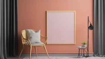 Blank wooden picture frame mockup on wall in modern interior. photo