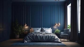 Poster frame mock up in home bedroom interio with bed and dark blue pillow. photo