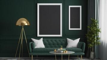 Picture frame mockup hanging in modern living room home decor interior. photo