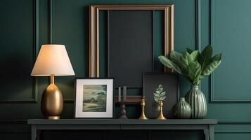Mockup frame close up in dark green farmhouse living room interior. photo