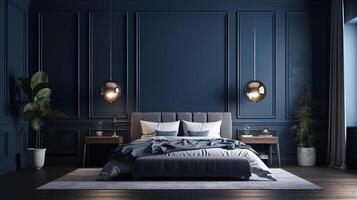 Poster frame mock up in home bedroom interio with bed and dark blue pillow. photo