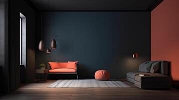 Home interior, dark room with minimal furniture, empty wall mockup, 3d render. photo