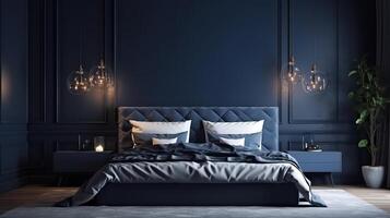 Home mockup, cozy dark blue bedroom interior background, 3d render. photo