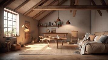 Cozy farmhouse living room interior, 3d render, Bright color. photo
