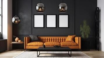 Frame gallery mockup in living room interior with leather sofa. photo