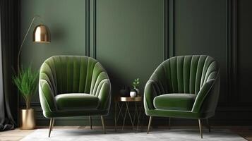 Home interior mock-up with green armchairs, table and decor in living room. photo