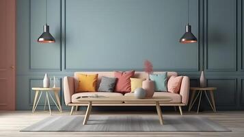 Blank wall mockup in living room interior background. photo