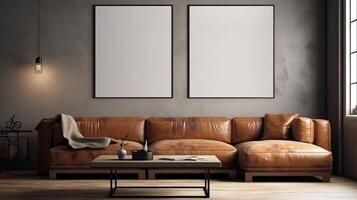 Interior design with photoframes and brown couch. photo