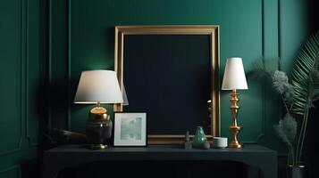 Frame mockup in dark green home interior, 3d render, Bright color. photo