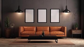 Frame gallery mockup in living room interior with leather sofa. photo