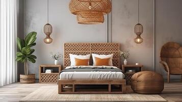 Home mockup, bedroom interior background with rattan furniture and empty frames. photo