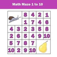 Maze game. Mathematics labyrinth with numbers. Counting from one to ten. Activity for toddlers and kids. vector