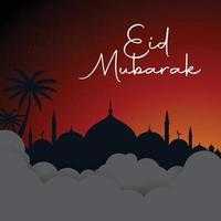 Eid Mubarak Background Poster Template Design with Mosque, Date Palm in the dark and light gradient eid mubarak Vector Background.