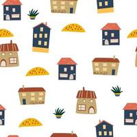 casas sin costura modelo. resumen antecedentes con diferente casas con mano dibujado texturas y formas creativo niños ciudad para tela, textil, fondo de pantalla, envase papel diseño. vector ilustración