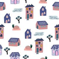 Cute houses Seamless pattern. Abstract background with different houses with hand drawn textures, shapes. Creative kids city for fabric, textile, wallpaper, wrapping paper design. Vector illustration