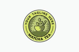 matcha logo in emblem form with combination of a cup of matcha, whisk and tea leaves in line style vector