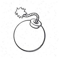 Outline of ball-shaped bomb with burning fuse rope. Vector illustration. Hand drawn black ink sketch, isolated on white background