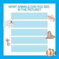 What sea animals can you see in the picture worksheet. Cute printable template. Preschool Education. Vector illustration.