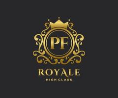 Golden Letter PF template logo Luxury gold letter with crown. Monogram alphabet . Beautiful royal initials letter. vector