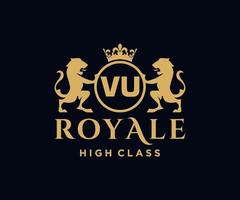 Golden Letter VU template logo Luxury gold letter with crown. Monogram alphabet . Beautiful royal initials letter. vector