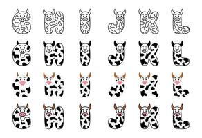 Cow alphabet in cartoon style vector